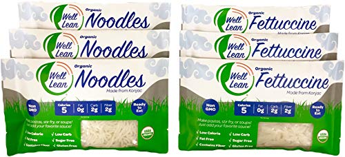 Organic Well Lean Variety, 6 Pack, 9.52 oz, Premium Shirataki Konjac Pasta, Keto Friendly, Non Gmo, Ready to Eat, Low Calorie, Low Carb, Gluten Free, Diet Food, 3 Noodles and 3 Fettuccine