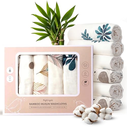 Nightingale Baby Washcloths, Rayon from Bamboo Baby Clothes Organic Wash Cloths with Cotton, Newborn Bath Essentials, Burping Cloths for Babies, Face Towels Reusable 12"x12" (Feather) 6 Pack