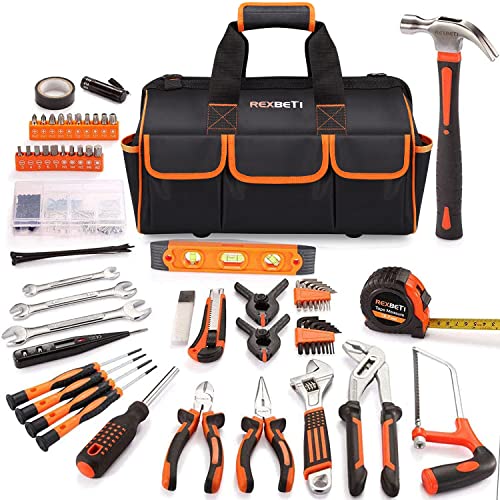 Book Cover REXBETI 219-Piece Premium Tool Kit with 16 inch Tool Bag, Steel Home Repairing Tool Set, Large Mouth Opening Tool Bag with 19 Pockets