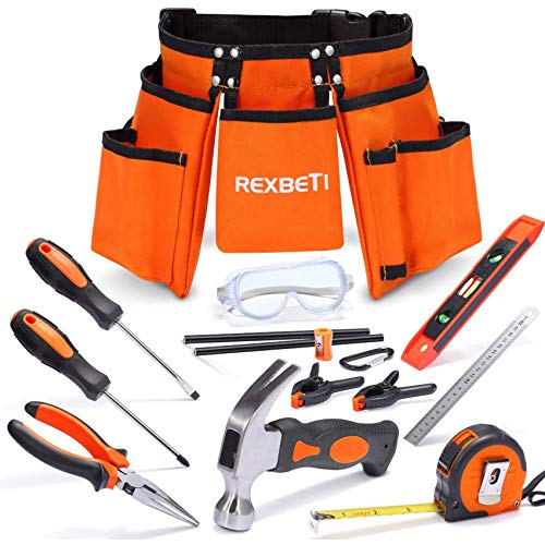 Book Cover REXBETI 15pcs Young Builder's Tool Set with Real Hand Tools, Reinforced Kids Tool Belt, Waist 20
