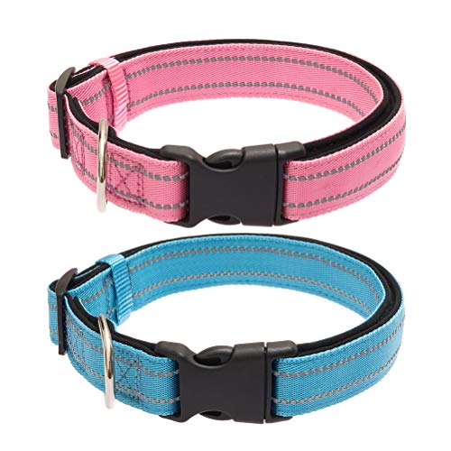Book Cover EXPAWLORER 2 Pack Reflective Dog Solid Collar with Buckle, Adjustable Durable Nylon Pet Collars with Neoprene Padding for Medium to Large Dogs, Pink and Blue