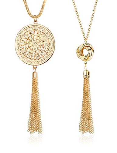 FUNRUN JEWELRY 2PCS Long Pendant Necklaces for Woman Knot Disk Circle Tassel Y Necklaces Set