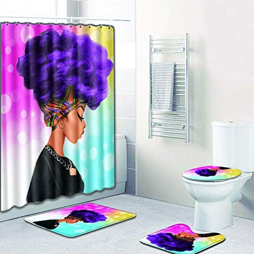 Book Cover EVERMARKET Creative Colorful Printing Toilet Pad Cover Bath Mat Shower Curtain Set for Bathroom Decor,4 Pcs Set - 1 Shower Curtain & 3 Toilet Mat and Lid Cover (African Woman Purple Hair)