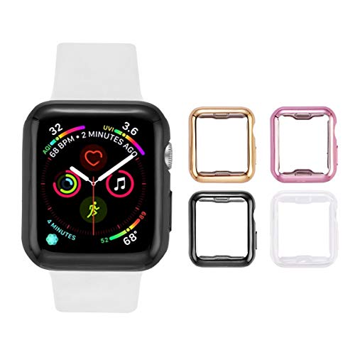 Book Cover Tranesca 4 Pack Apple Watch Case 40mm with Built-in HD Clear Ultra-Thin TPU Screen Protector Cover Compatible with Apple Watch Series 4 /5/ 6 and Apple Watch SE -Clear+Black+Gold+Rose Gold
