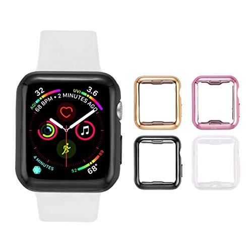 Tranesca 4 Pack Apple Watch Case 40mm with Built-in HD Clear Ultra-Thin TPU Screen Protector Cover Compatible with Apple Watch Series 4 /5/ 6 and Apple Watch SE -Clear+Black+Gold+Rose Gold