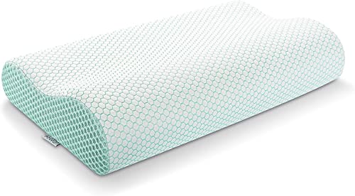 Anvo Memory Foam Pillow, Neck Contour Cervical Orthopedic Pillow for Sleeping Side Back Stomach Sleeper, Ergonomic Bed Pillow for Neck Pain - Green, Firm