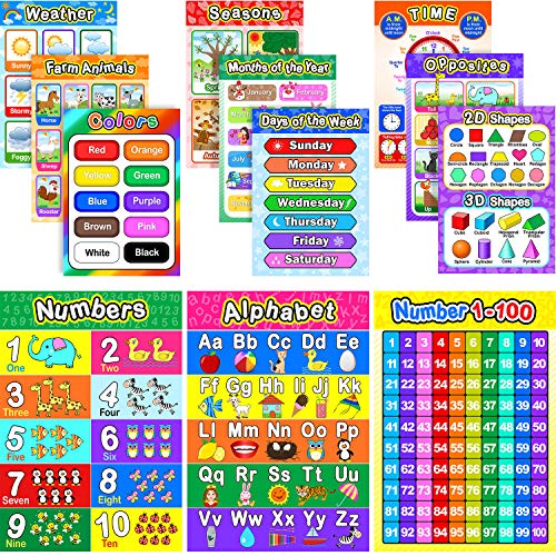 Book Cover Educational Preschool Poster for Toddler and Kid with Glue Point Dot for Nursery Homeschool Kindergarten Classroom - Teach Numbers Alphabet Colors Days and More 16 x 11 Inch (12 Pieces, English Style)