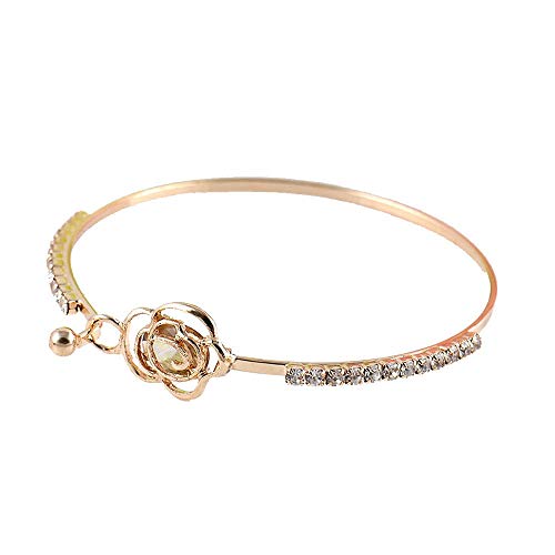 Orcbee_Elegant Women's Crystal Rose Flower Bangle Cuff Bracelet Jewelry Gold