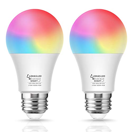 LED Smart Light Bulb 60W Equivalent, A19 LED Dimmable Daylight Warm 2000K-9000K Tunable White Works with Alexa, Google Assistant, Siri and IFTTT, NO Hub Required, RGB Color Changing E26 Bulb, 2 Pack