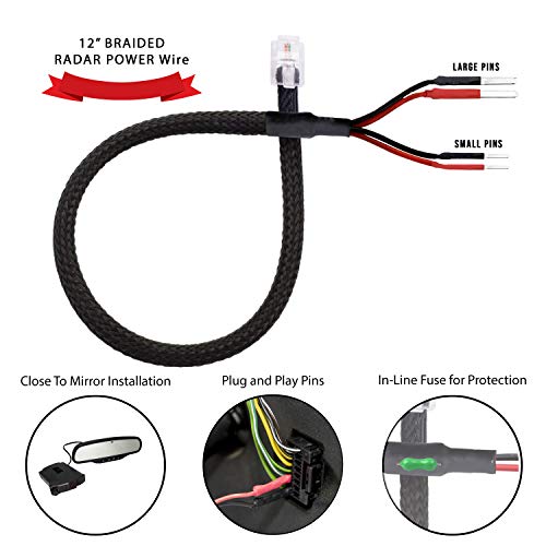 Radar Detector 12" Mirror Plug Wire Tap RJ11 Hardwire Power Cord Kit for Escort Valentine One Uniden Beltronics | Tap Existing Mirror Plug | Inline Fuse with Braided (Dual Size Pins)