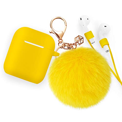 Airpods Case - BlUEWIND Drop Proof Air Pods Protective Pom Pom Keychain Case Cover Silicone Skin for Apple Airpods 2 & 1 Charging Case, Cute Fur Ball Airpods Keychain/Strap (Yellow)