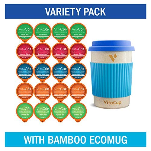 VitaCup Variety Pack w/ Bamboo ecoMug + 20 Vitamin Infused Coffee & Tea Pods Compatible with Keurig K-Cup Style Brewers