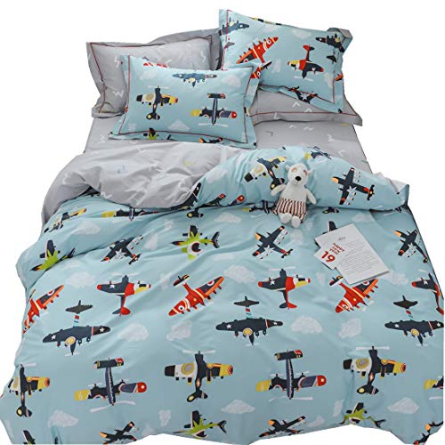 Book Cover LAYENJOY Airplane Cartoon Duvet Cover Set Twin Size, Aircraft Flying Sky Clouds 100% Cotton Bedding Set for Kids Teens Boys Girls Reversible Blue Gray Comforter Cover, No Comforter