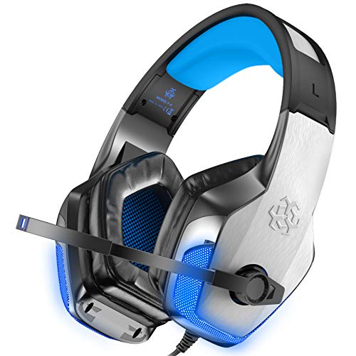BENGOO V-4 [Updated] Gaming Headset for Xbox One, PS4, PC, Controller, Noise Cancelling Over Ear Headphones with Mic, LED Light Bass Surround Soft Memory Earmuffs for Mac Nintendo Switch (Blue)