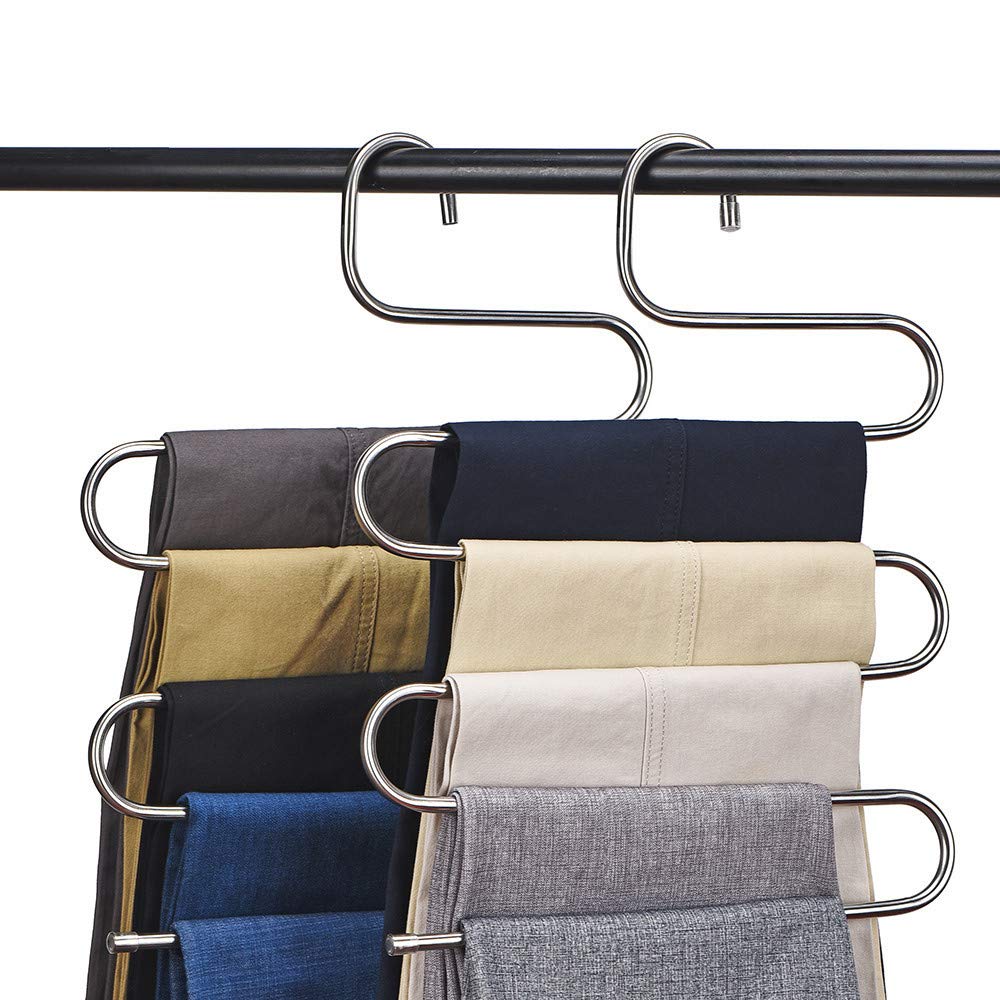 Book Cover CEISPOB Multi-Purpose Pants Hangers, S-Type 5 Layers Stainless Steel Clothes Hangers Storage Pant Rack Closet Space Saver for Trousers Jeans Towels Scarf Tie (4-Pieces)
