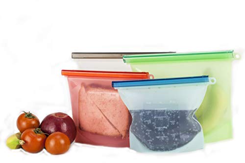 Reusable Silicone Food Bag Silicone Ziploc Bags Food Storage Packaging Silicone Freezer Bags Reusable Veggies Eco-Friendly Set of 4 (2 Large and 2 Medium) Silicone Bag Reusable Green Turks