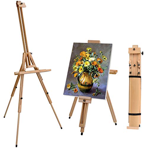 T-SIGN Portable Painting Easel Stand, Wood Art Floor Tripod Beech Easel, Foldable Design, Adjustable Height 36.5 to 75.5 Inches, Adjustable Large Tray for Painting, Sketching, Display
