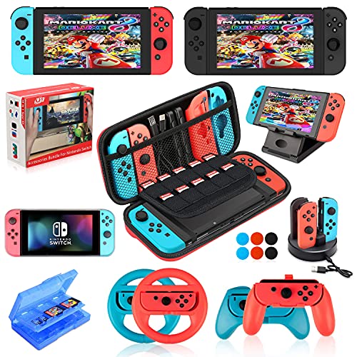 Book Cover Accessories Kit Bundle for Nintendo Switch,19 in 1 Essential Games Kit for Switch Including Joy Con Covers,Grips,Wheels and Thumbstick Caps, Carrying Bag Charging Dock, Game Card Case PlayStand