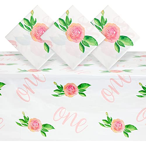 3 Pack One Tablecloth for Girls Floral 1st Birthday Themed Party Decorations, Plastic Table Covers (54 x 108 in)