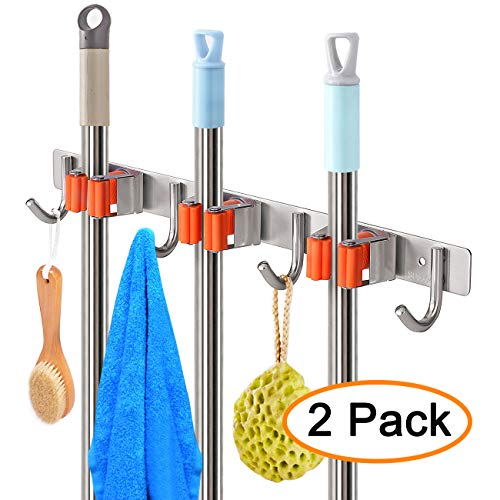 YUMORE Broom Mop Holder, Pack of 2, Stainless Steel Heavy Duty Organizer for Garden and Cleaning Tools, Screw and Adhesive Installation, Easy Install Space Saving
