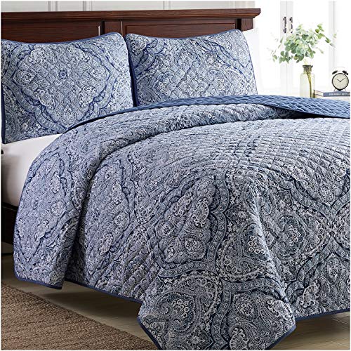 Mellanni Bedspread Coverlet Set Medallion-Blue - Bedding Cover - Oversized 3-Piece Quilt Set (Full / Queen, Medallion Blue)