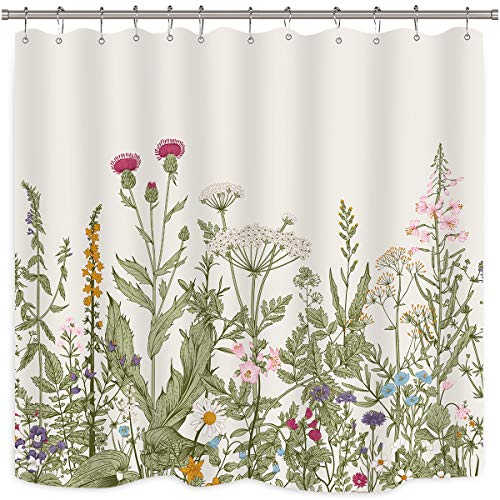 Book Cover Riyidecor Green Leaves Shower Curtain Floral Flower Tulip Tree Plants Ivy White Brown Herbs Decor Bathroom Set Polyester Waterproof 72Wx72H Inch Plastic Hooks 12 Pack