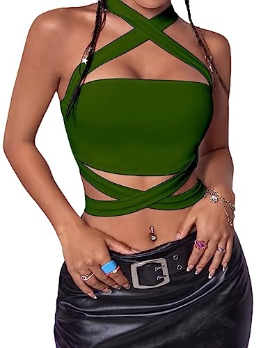 KAKALOT Women's Sexy Criss Cross Bandage Crop Tops Cut Out Active Bustier Cami…