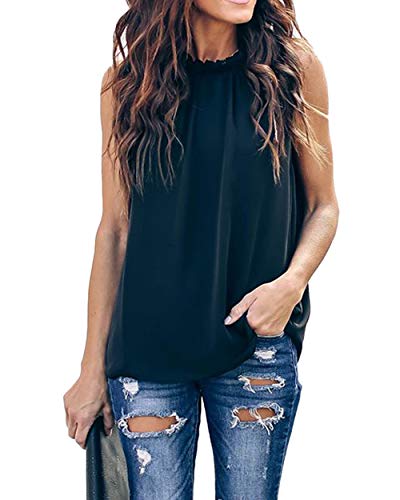 Allimy Women Summer Ruffle Trim Neckline Tank Tops Double Lined Chiifon Blouses