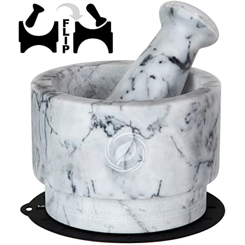 Mortar and Pestle Set Marble - 5.6 Inch, 2.2 Cup - Reversible- Solid Stone Grinder - Guacamole Mortar and Pestle Large - INCLUDED: Silicone Lid/Mat and Spoon