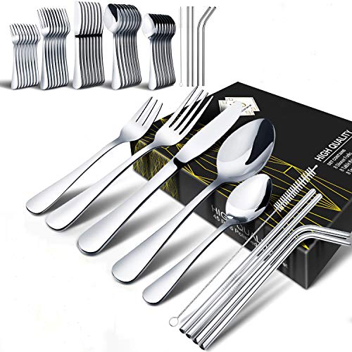 Book Cover Silverware Set, HOBO 45-Piece Silverware Set,Stainless Steel Flatware Silverware Cutlery Set, Include Knife/Fork/Spoon/ Straws/Straws Brush, Mirror Polished, Service for 8