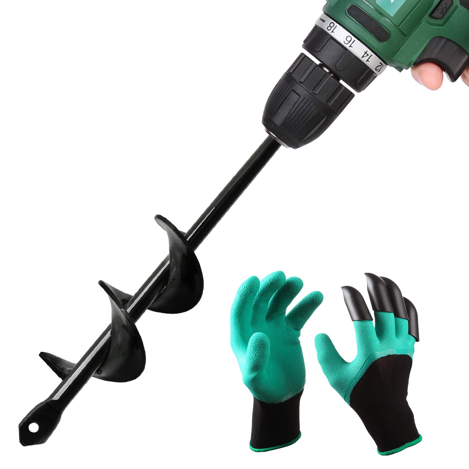 Blika Garden Plant Flower Bulb Auger 1.60” x 9” Rapid Planter with Gloves, Bulb & Bedding Plant Auger for 3/8” Hex Drive Drill