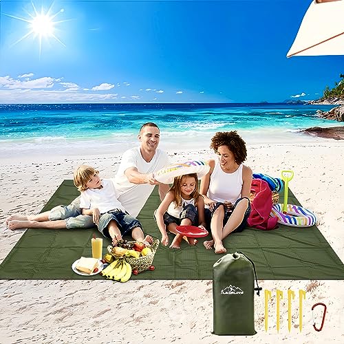 Likorlove Beach Blanket, 94"×80" Picnic Blankets Waterproof Sandproof 5-7 Adults Oversized Lightweight Portable Sand Free Quick Dry Mat for Travel Camping Hiking Compact Bag 4 Stakes+ 4 Corner Pockets
