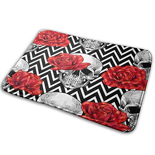 Skull Head with Red Rose Bath Mat Polyester Front Door Mat Bathroom Rugs Carpet for Inside Outdoor 15.7 X 23.5 in