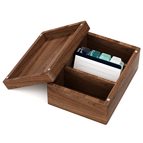 MaxGear Business Card Holder for Desk, 2.2" x 3.5" Walnut Wood Business Card Organizer, Index Cards Box Holds 300 Cards, 3 Divider Boards Includes A-Z Tabs, Desktop Organizers for Office & Home