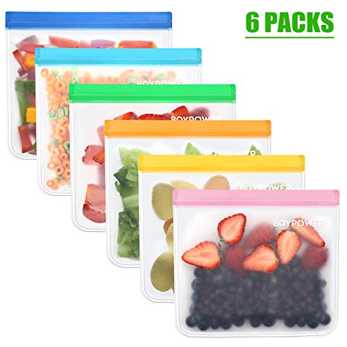 Lunch Leakproof Reusable Storage Bag 6-Pack,Extra Thick FDA Grade PEVA Ziplock Bags, Ideal for Lunch Sandwich, Food Snacks, Make-up, Travel Home Organization and More