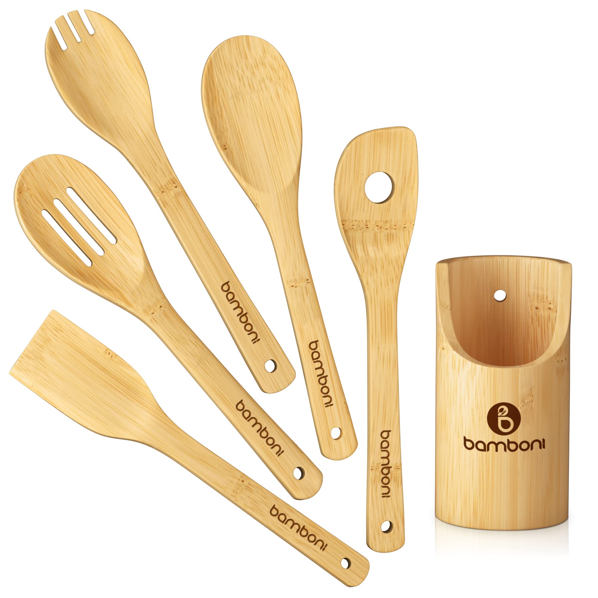 Book Cover BAMBONI Bamboo Cooking Utensils - Bamboo Kitchen Utensils Wood Spoons For Cooking Bamboo Spoons For Cooking Wooden Spoon Set Utensils with Holder