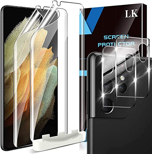 Book Cover LK 2 Pack Flexible TPU Film Screen Protector Compatible for Samsung Galaxy S21 Ultra with 2 Pack Tempered Glass Camera Lens Protector, Fingerprint Support, Anti Scratch, HD-Ultra thin - Black