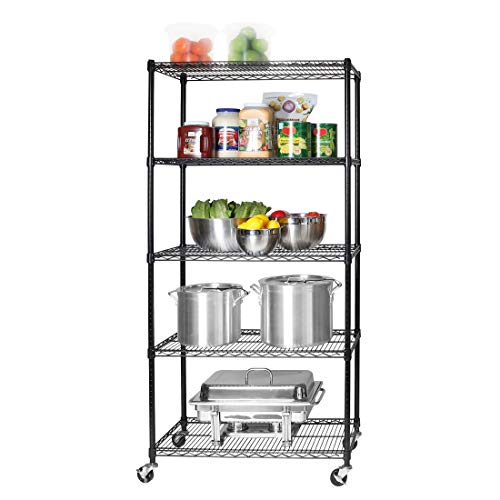 Seville Classics UltraDurable Commercial-Grade 5-Tier NSF-Certified Steel Wire Shelving with Wheels, 36" W x 18" D - Black