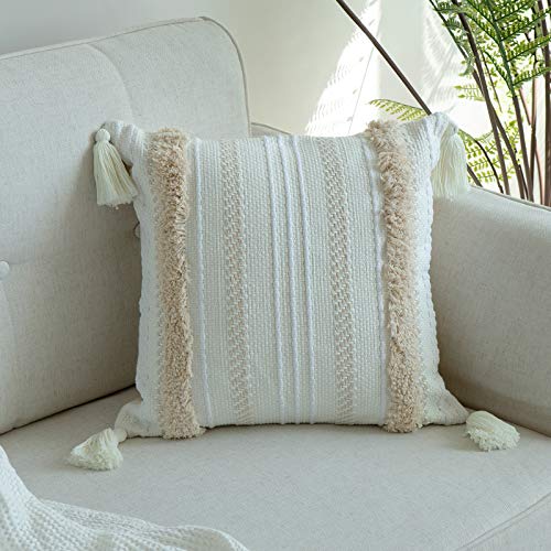 Book Cover blue page Woven Tufted Tassel Throw Pillow Covers Fringe Sofa Couch Cushion Cover Decorative Square Cotton Pillows Cover ONLY (Cream 16X16'')