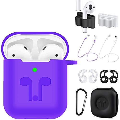 AirPods Case Cover Compatible Apple Airpods 2 & 1[Front LED Visible],9 in 1 Kits Airpods Accessories Set Protective Silicone Skin with Earpods Watch Band Holder/Ear Hook/Stap/Clip/Keychain/Grip