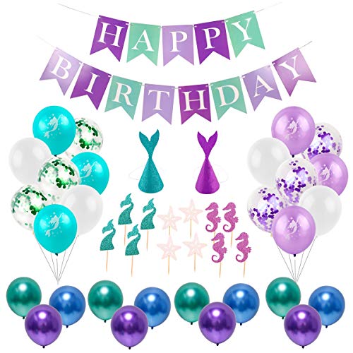 Mermaid Party Supplies Birthday Decorations, Mermaid Party Balloons for Girl's Birthday Party, Happy Birthday Banners, Mermaid Cake Topper, Hats, Little Mermaid Party Decorations by QIFU
