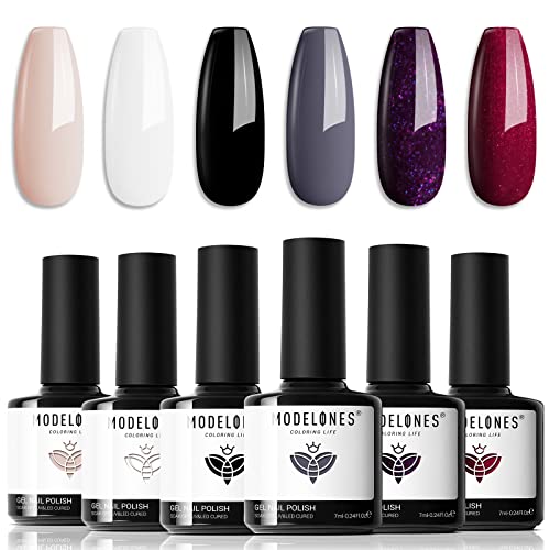 modelones Gel Nail Polish Set - Black White Gel Polish Kit 6 Colors Red Grey Classic Purple Glitter Nail Art Manicure Soak Off LED Gel Nail Kit Holiday Gifts for Women DIY Home Salon