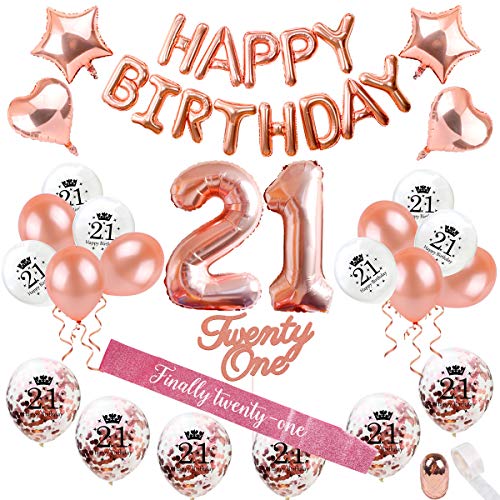21st Birthday Decorations Party Supplies - Rose Gold 21 Birthday Balloon Number, Rose Gold Confetti Balloons, 21 Birthday Cake Topper, Birthday 21 Sash, Birthday Party Supplies 21 by QIFU