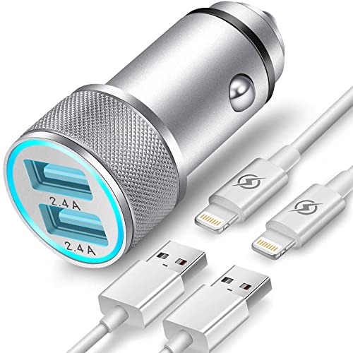 TIKALONG Car Charger Compatible with iPhone 13/12/11/XR/XS/X/Pro Max 8/7/6/6S Plus 5S/5C/SE2, iPad Air Mini Pro (2.4A Dual Port USB Car Charger with 2X 3ft Charging Cable) (3in1 Pack)