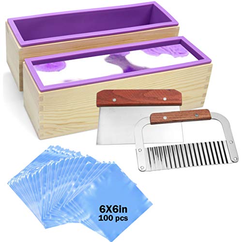 Soap molds kit-2 Pcs 42 oz Loaf Flexible Rectangular Silicone Soap Mold with Wood Box, 100 Pcs 6 x 6 inch Shrink Wrap Bags,Stainless Steel Wavy & Straight Scraper for Soaps Making Supplies