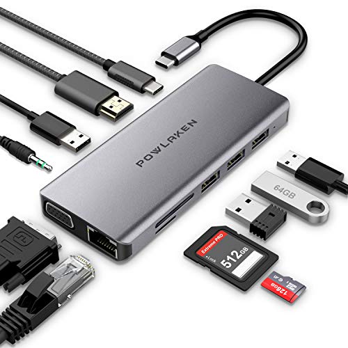 Book Cover USB C Hub, POWLAKEN 11 in 1 USB C Adapter with Ethernet, 4K USB C to HDMI, VGA, 2 USB3.0 2 USB2.0 PD, SD TF Card Reader, Audio, Compatible Mac Pro and Other Type C Laptops