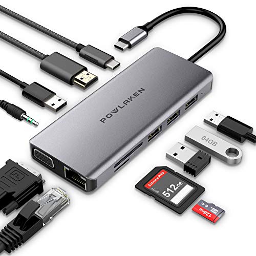 USB C Hub, POWLAKEN 11 in 1 USB C Adapter with Ethernet, 4K USB C to HDMI, VGA, 2 USB3.0 2 USB2.0 PD, SD TF Card Reader, Audio, Compatible Mac Pro and Other Type C Laptops