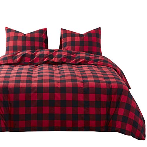 Book Cover Wake In Cloud - Red Black Plaid Duvet Cover Set, 100% Washed Cotton Bedding, Buffalo Check Gingham Plaid Geometric Checker Pattern, with Zipper Closure (3pcs, California King Size)