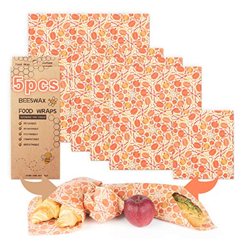 Beeswax Wrap Assorted 5 Packs, Eco Friendly Reusable Food Wraps, Sustainable Plastic Free Food Storage- 1 Small, 3 Medium, 1 Large- Say Goodbye to Plastic