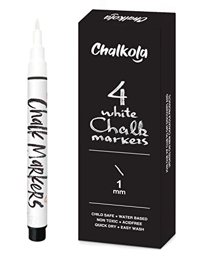 Extra Fine Tip White Chalk Markers | 1mm Nib | Pack of 4 Chalk Pens - Use on Chalkboard, Windows, Blackboard, Signs, Glass, Bistro - Water Based, Non-Toxic, Wet Wipe Erasable